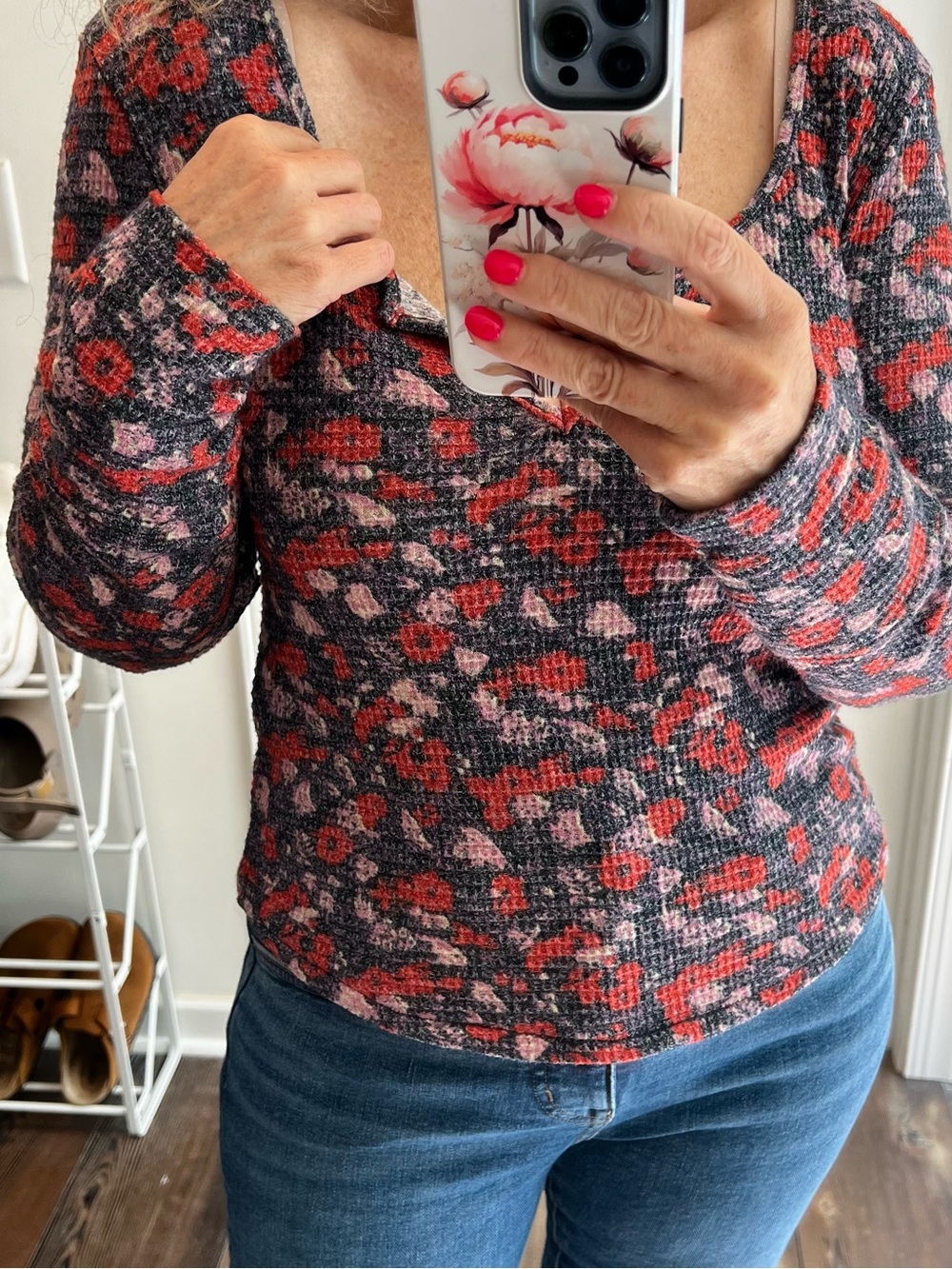 Free People intimately Floral Print Long-Sleeve Knit Top Size XL